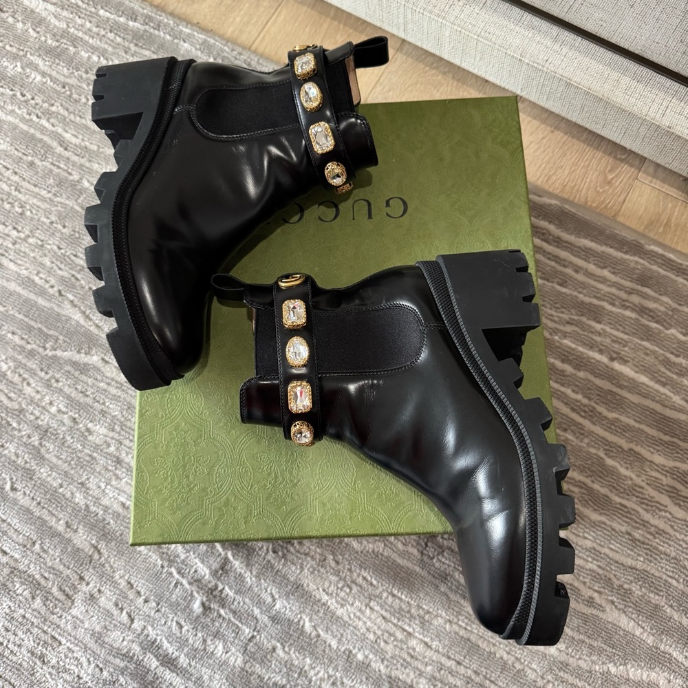 LIKE NEW Gucci Trip Embellished Block Heel Chelsea Boots, Size 38 - Picture 10 of 13